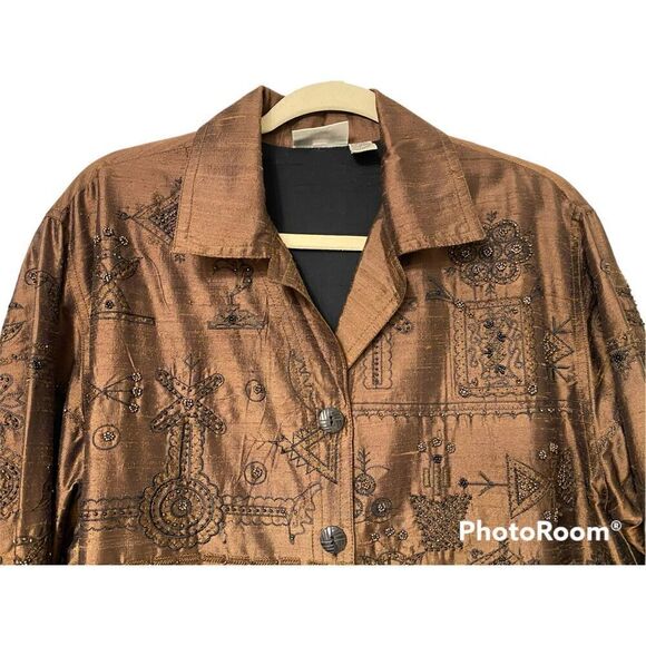 Chico’s 100% Silk Embroidered/Beaded Blouse Sz. S Asian Abstract Desg. Boxy - Picture 4 of 7